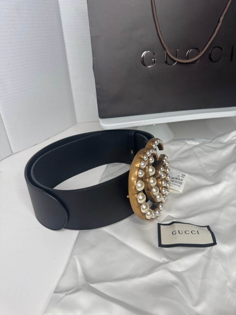 Gucci Jumbo Pearl GG Marmont Black Wide Leather Belt- NWT Size 95 - Picture 7 of 13